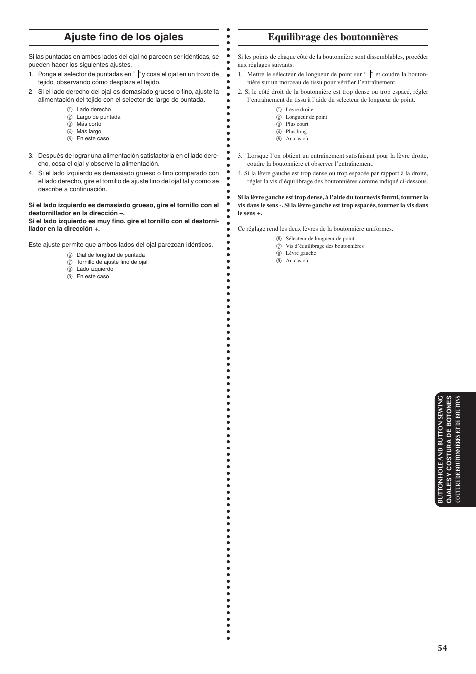 Ajuste fino de los ojales, Equilibrage des boutonnières | Brother XL5300 User Manual | Page 63 / 88