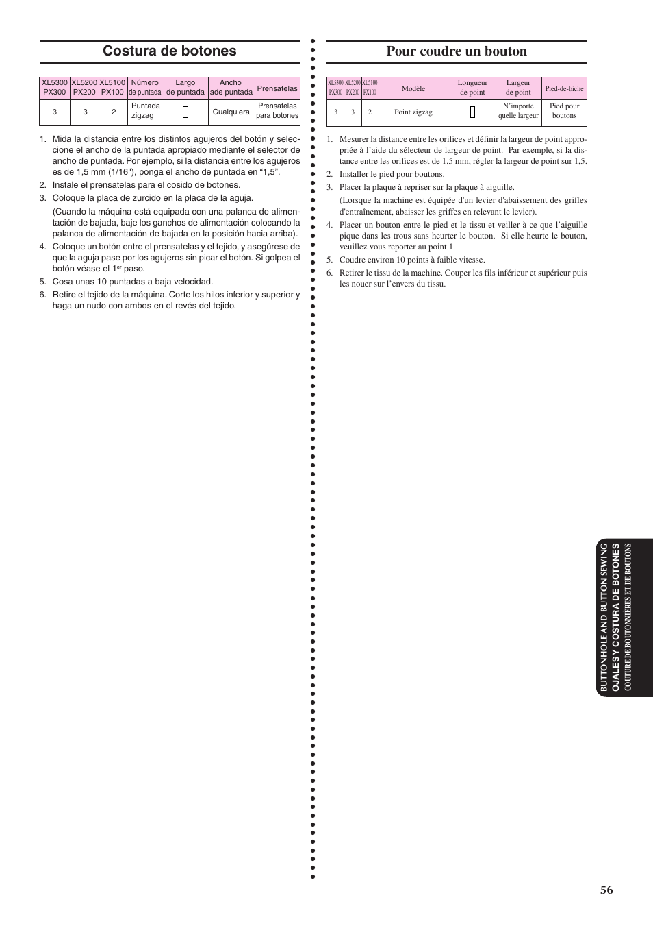 Costura de botones, Pour coudre un bouton | Brother XL5300 User Manual | Page 65 / 88