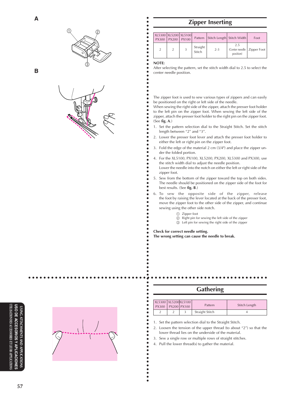 Zipper inserting, Gathering | Brother XL5300 User Manual | Page 66 / 88