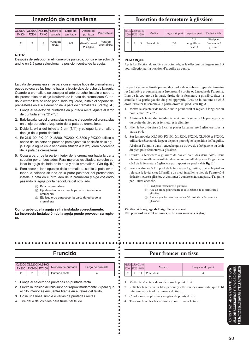 Inserción de cremalleras, Fruncido, Insertion de fermeture à glissière | Pour froncer un tissu | Brother XL5300 User Manual | Page 67 / 88
