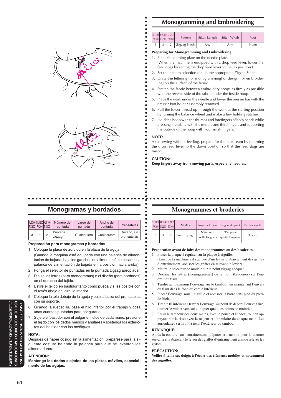 Monogramming and embroidering, Monogramas y bordados, Monogrammes et broderies | Brother XL5300 User Manual | Page 70 / 88
