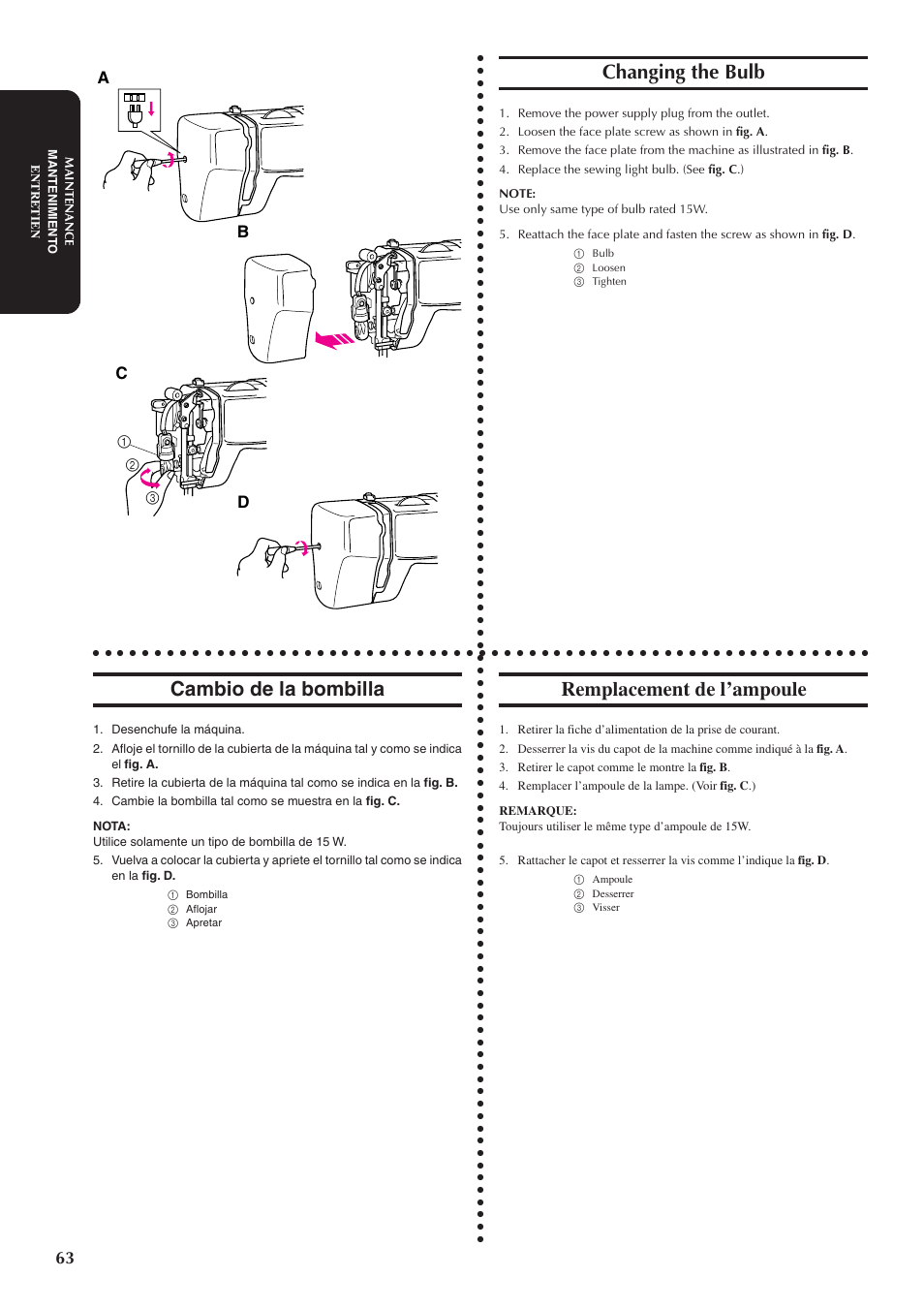 Changing the bulb, Cambio de la bombilla, Remplacement de l’ampoule | Ac b d | Brother XL5300 User Manual | Page 72 / 88