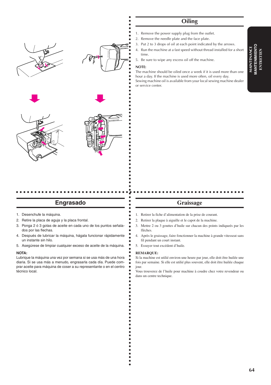 Oiling, Engrasado, Graissage | Brother XL5300 User Manual | Page 73 / 88