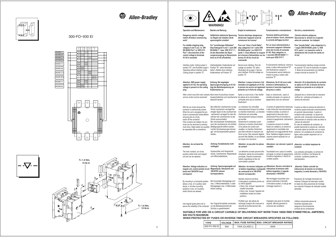 I" "0, Fo 930 ei, Warning | Rockwell Automation 300-FOx930 Contactor User Manual | Page 2 / 3