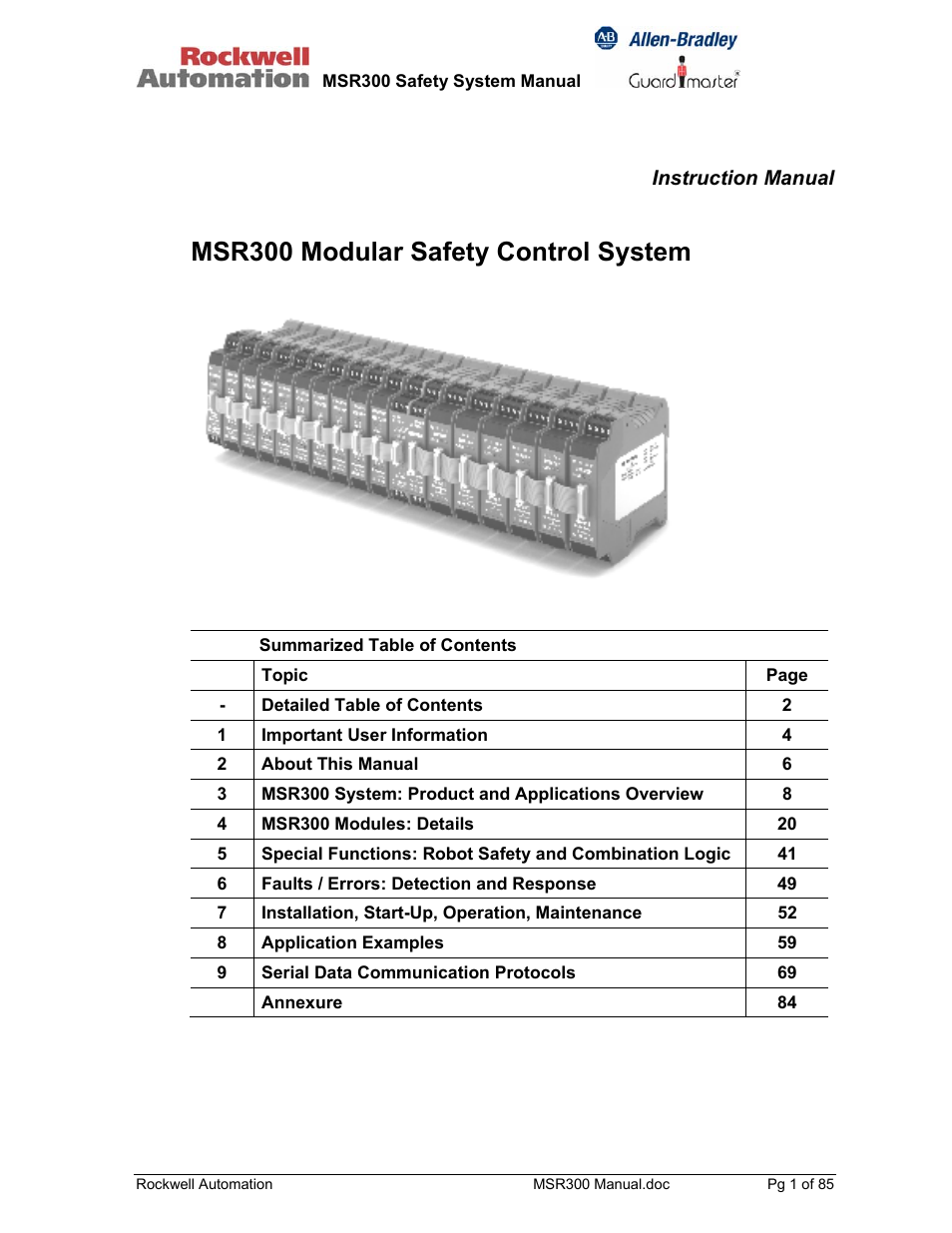 Rockwell Automation 440R MSR300 Modular Safety Control System User Manual | 85 pages