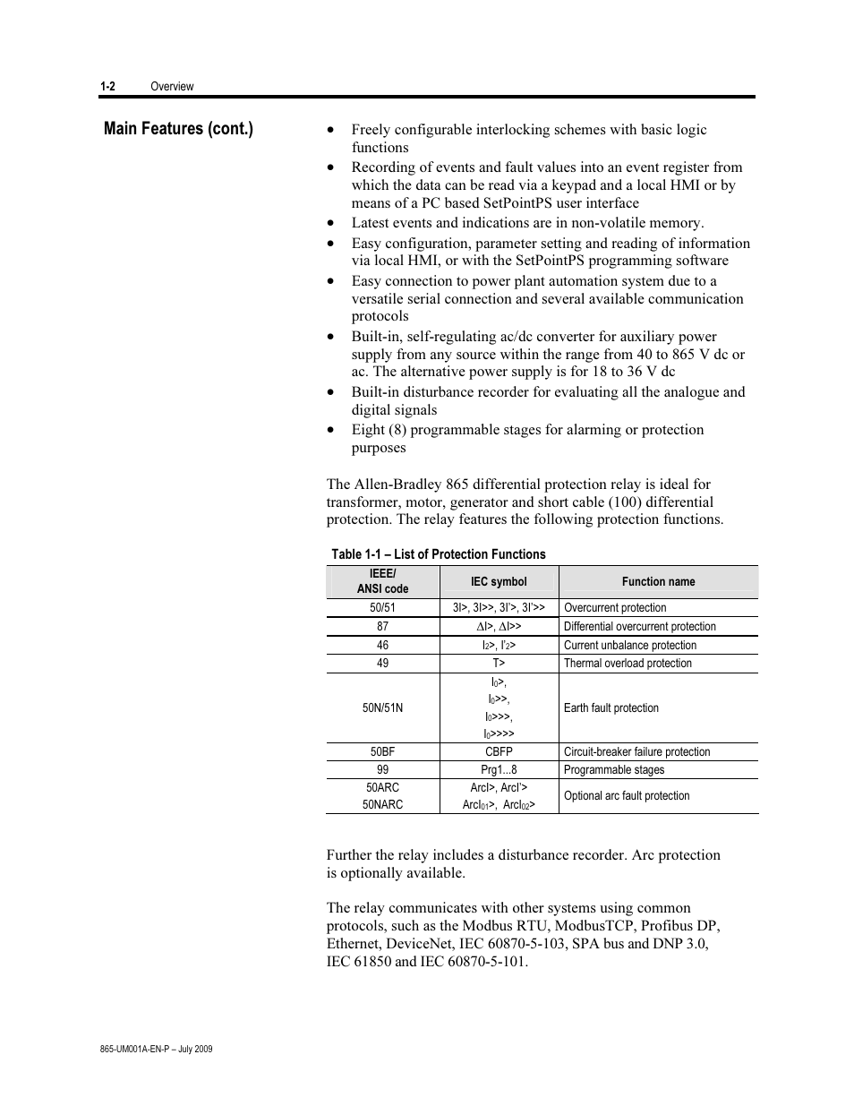 Main features (cont.) | Rockwell Automation 865 Differential Protection Relay User Manual | Page 10 / 186
