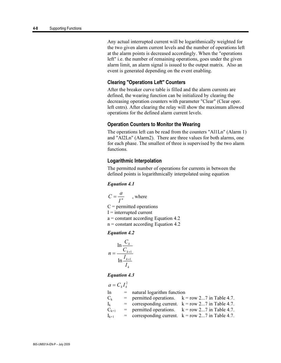 Clearing "operations left" counters, Operations counter to monitor the wearing, Logarithmic interpolation | Rockwell Automation 865 Differential Protection Relay User Manual | Page 100 / 186