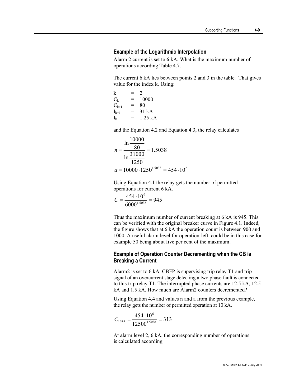 Example of the logarithmic interpolation, Example of operation counter decrementing | Rockwell Automation 865 Differential Protection Relay User Manual | Page 101 / 186