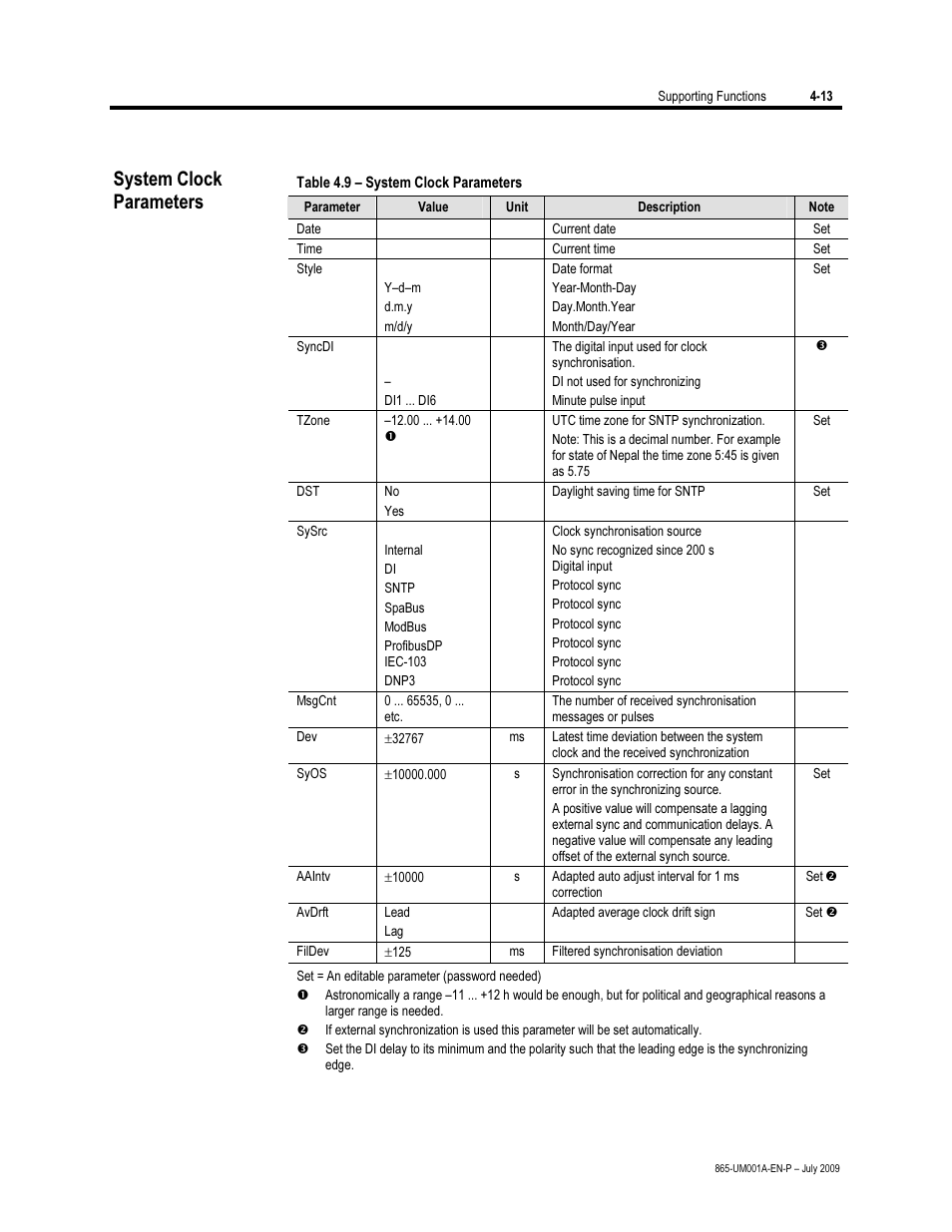 System clock parameters | Rockwell Automation 865 Differential Protection Relay User Manual | Page 105 / 186