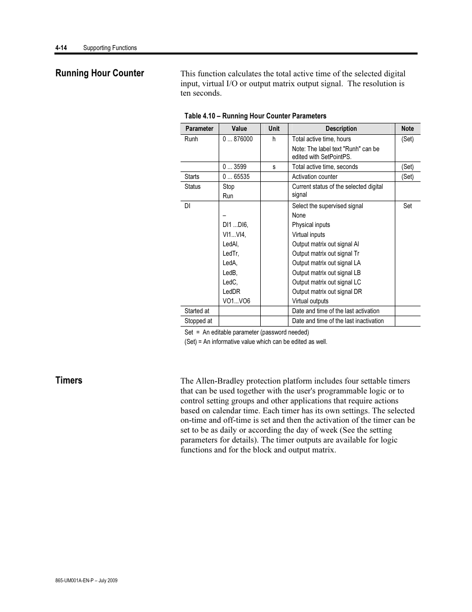 Running hour counter, Timers | Rockwell Automation 865 Differential Protection Relay User Manual | Page 106 / 186