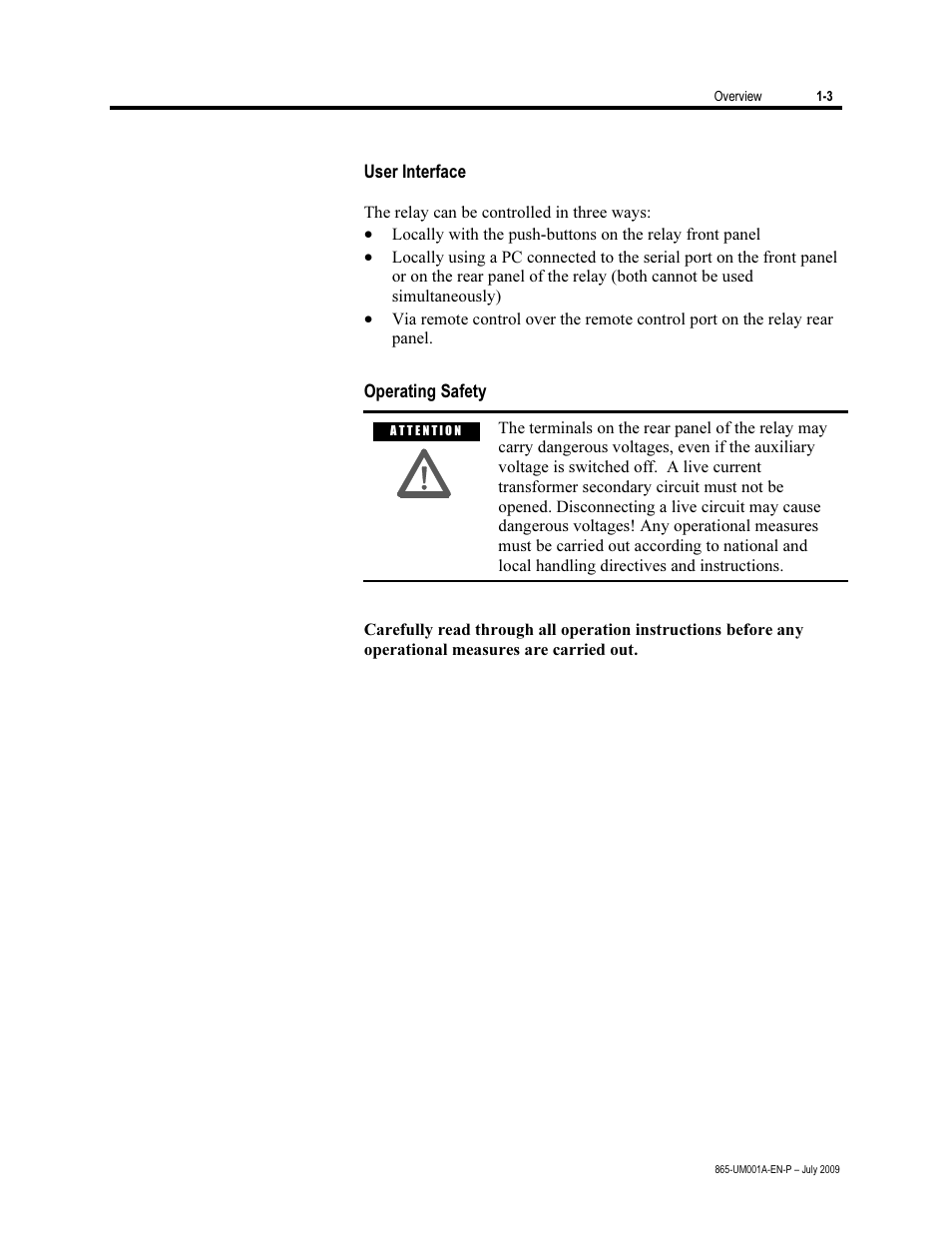 User interface, Operating safety | Rockwell Automation 865 Differential Protection Relay User Manual | Page 11 / 186