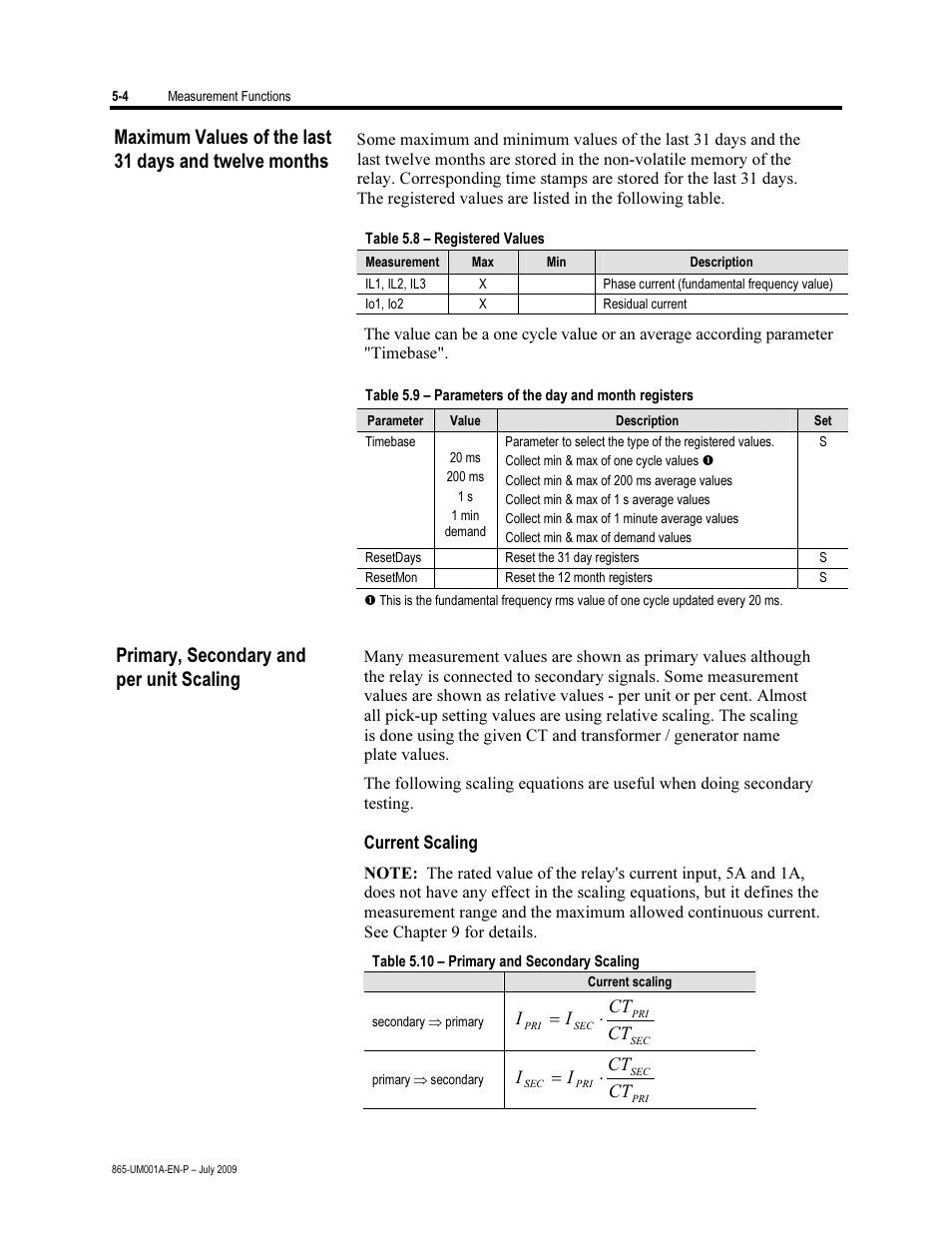 Max. values of the last 31 days and twelve months, Primary, secondary and per unit scaling | Rockwell Automation 865 Differential Protection Relay User Manual | Page 114 / 186