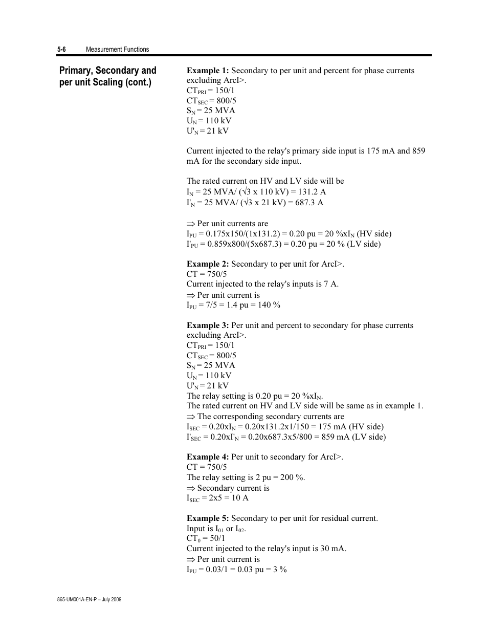 Primary, secondary and per unit scaling (cont.) | Rockwell Automation 865 Differential Protection Relay User Manual | Page 116 / 186