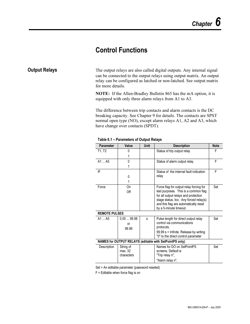 Chapter 6 – control functions, Output relays, Control functions | Chapter | Rockwell Automation 865 Differential Protection Relay User Manual | Page 119 / 186