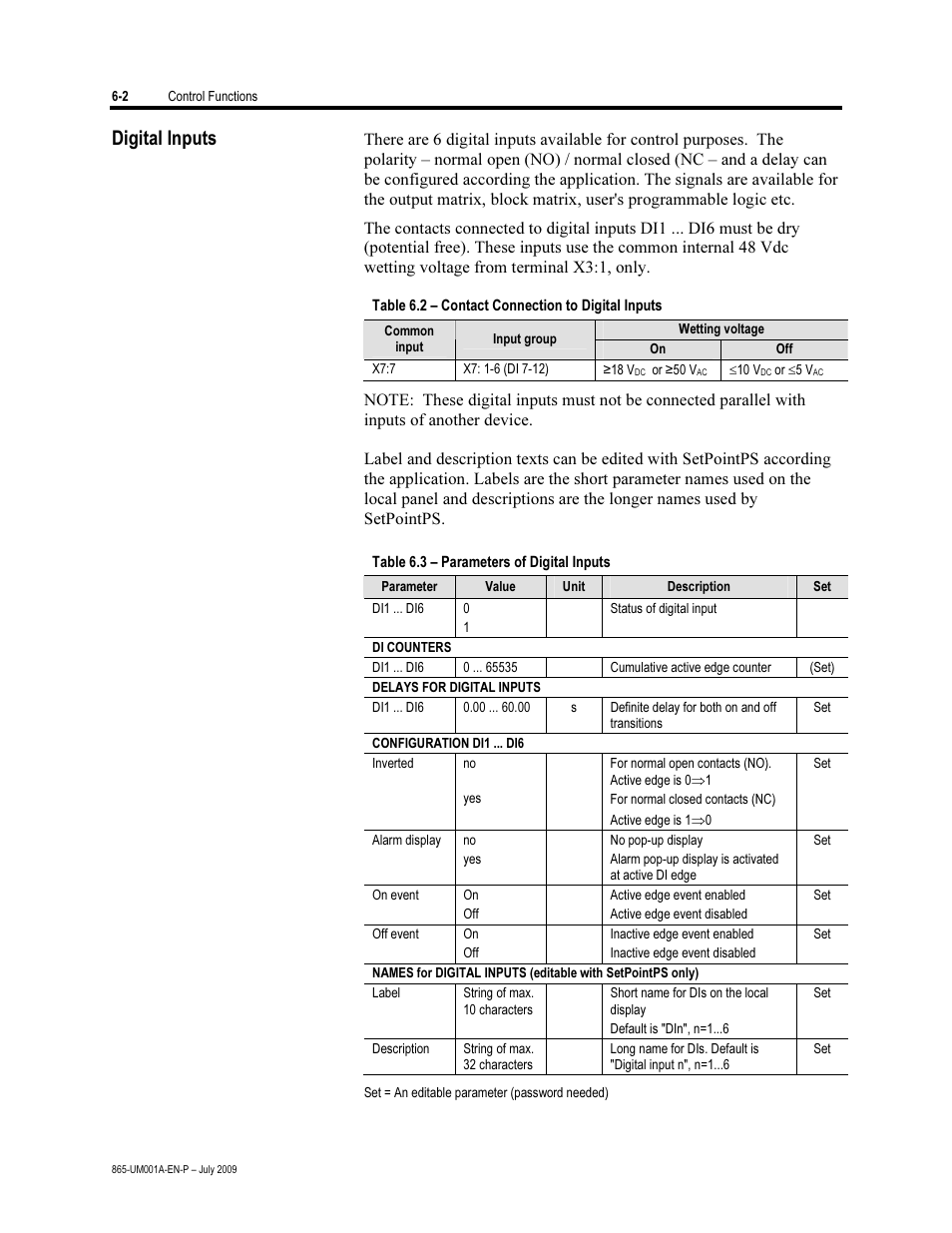 Digital inputs | Rockwell Automation 865 Differential Protection Relay User Manual | Page 120 / 186