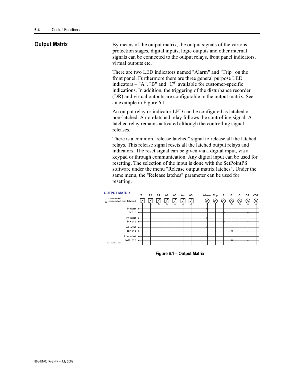 Output matrix, Figure 6.1 – output matrix | Rockwell Automation 865 Differential Protection Relay User Manual | Page 122 / 186