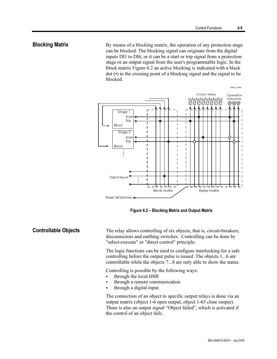 Blocking matrix, Controllable objects | Rockwell Automation 865 Differential Protection Relay User Manual | Page 123 / 186