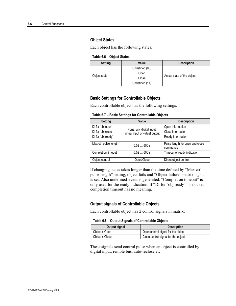 Object states, Basic settings for controllable objects, Output signals of controllable objects | Rockwell Automation 865 Differential Protection Relay User Manual | Page 124 / 186