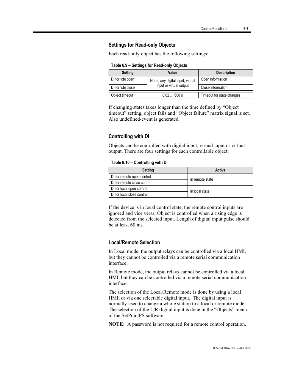 Settings for read-only objects, Controlling with di, Local/remote selection | Rockwell Automation 865 Differential Protection Relay User Manual | Page 125 / 186