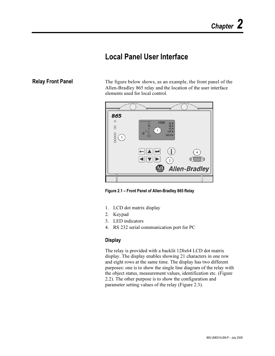 Chapter 2 – local panel user interface, Relay front panel, Display | Local panel user interface, Chapter | Rockwell Automation 865 Differential Protection Relay User Manual | Page 13 / 186