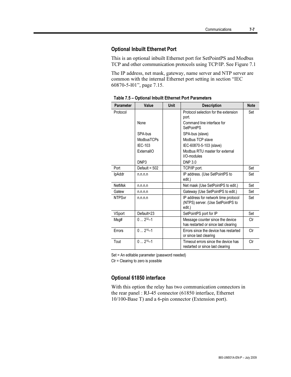 Optional inbuilt ethernet port, Optional 61850 interface | Rockwell Automation 865 Differential Protection Relay User Manual | Page 133 / 186