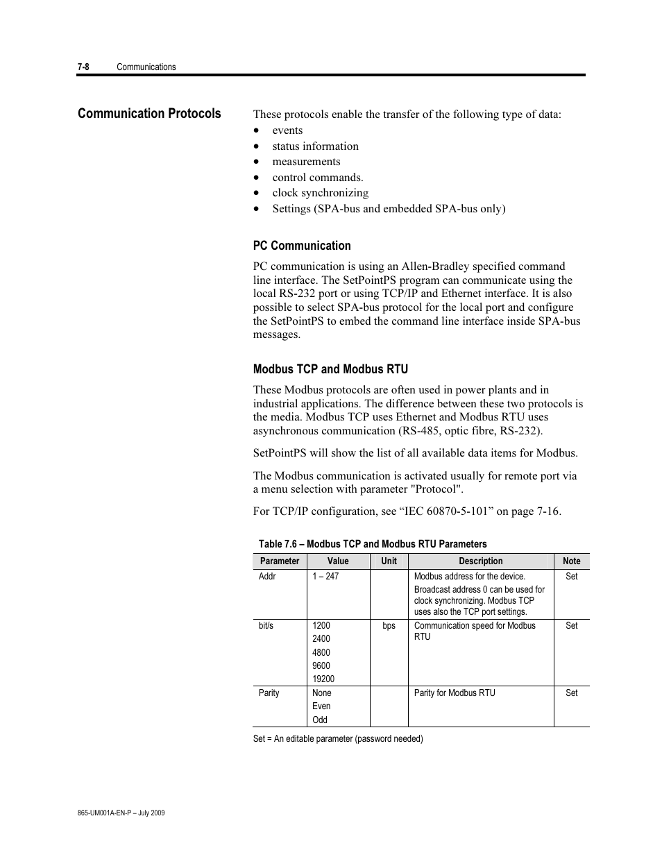 Communication protocols, Pc communication, Modbus tcp and modbus rtu | Rockwell Automation 865 Differential Protection Relay User Manual | Page 134 / 186