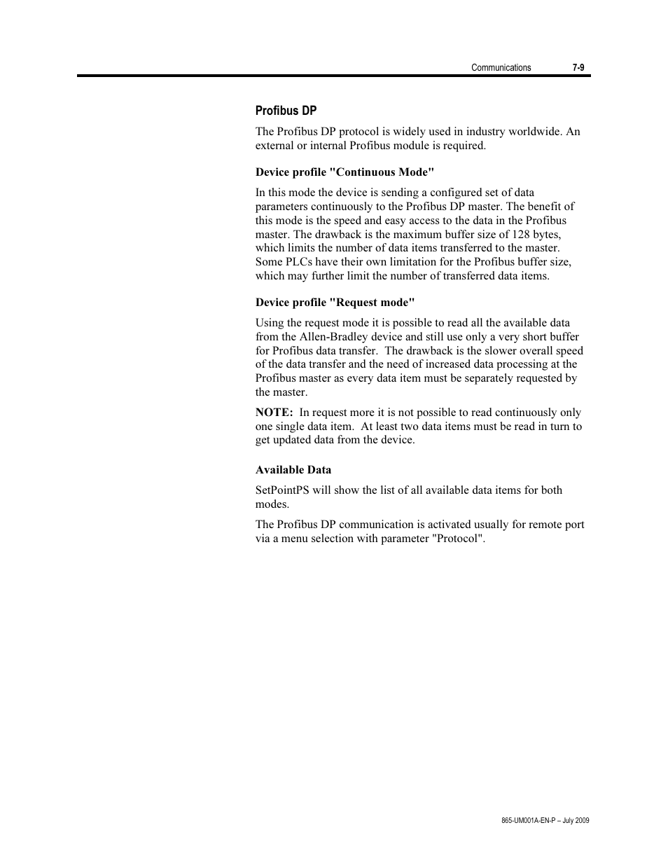 Profibus dp | Rockwell Automation 865 Differential Protection Relay User Manual | Page 135 / 186