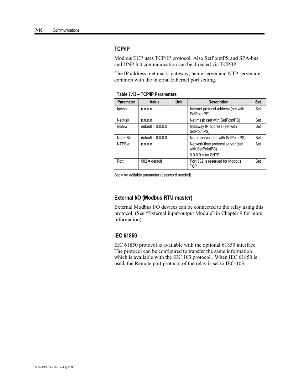 Tcp/ip, External i/o (modbus rtu master) | Rockwell Automation 865 Differential Protection Relay User Manual | Page 142 / 186