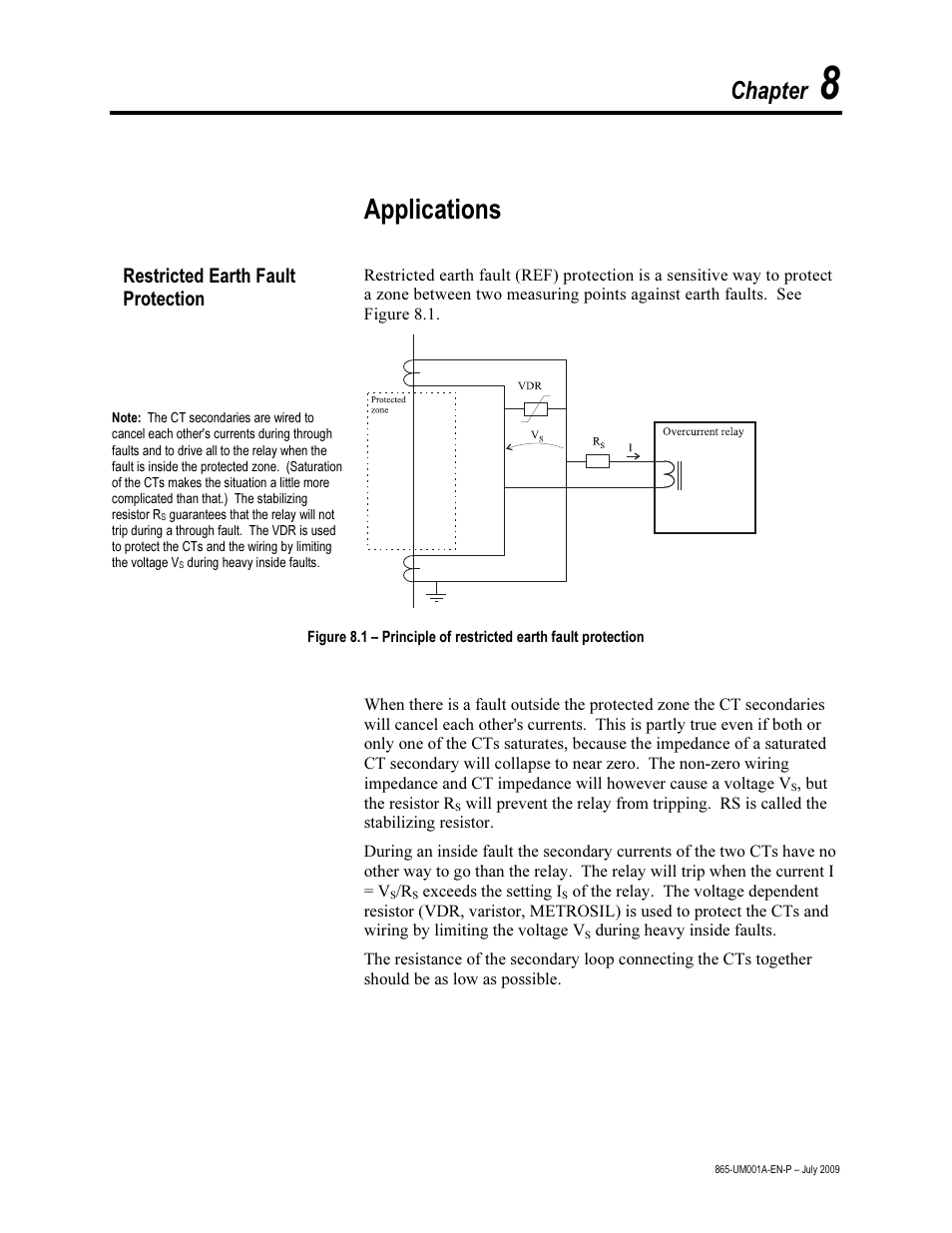Chapter 8 – applications, Restricted earth fault protection, Applications | Chapter | Rockwell Automation 865 Differential Protection Relay User Manual | Page 143 / 186