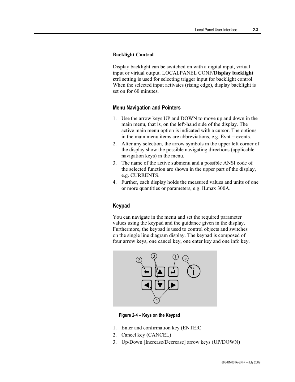 Menu navigation and pointers, Keypad | Rockwell Automation 865 Differential Protection Relay User Manual | Page 15 / 186