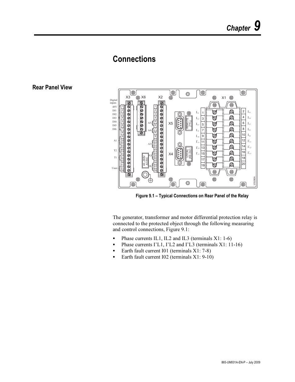 Chapter 9 – connections, Rear panel view, Connections | Chapter | Rockwell Automation 865 Differential Protection Relay User Manual | Page 161 / 186