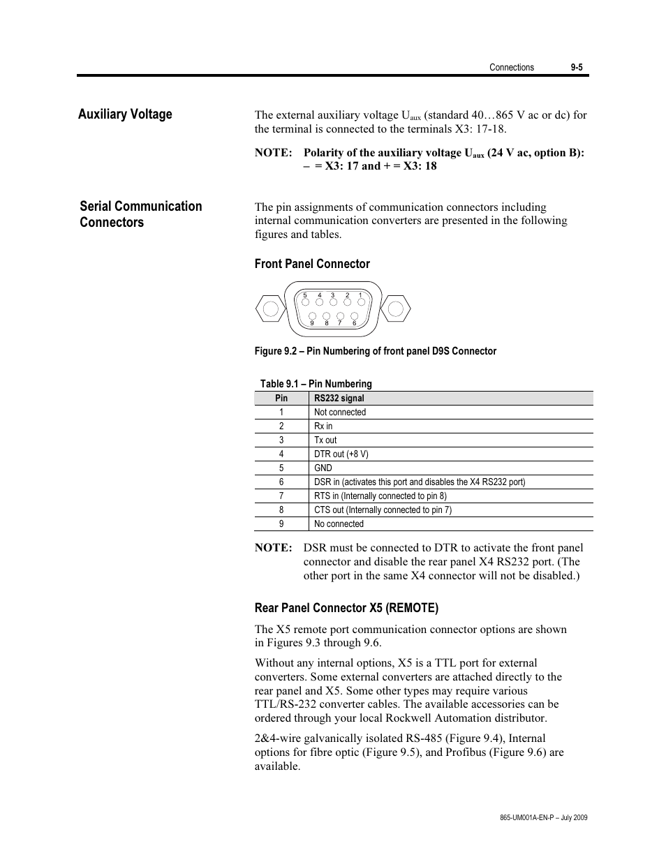 Auxiliary voltage, Serial communication connectors, Front panel connector | Rear panel connector x5 (remote) | Rockwell Automation 865 Differential Protection Relay User Manual | Page 165 / 186