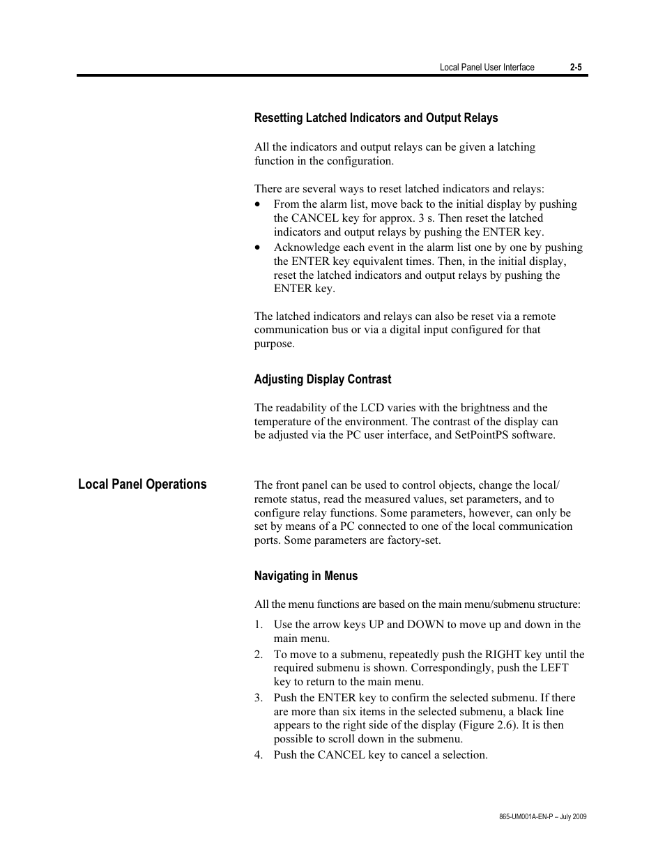 Resetting latched indicators and output relays, Adjusting display contrast, Local panel operations | Navigating in menus | Rockwell Automation 865 Differential Protection Relay User Manual | Page 17 / 186