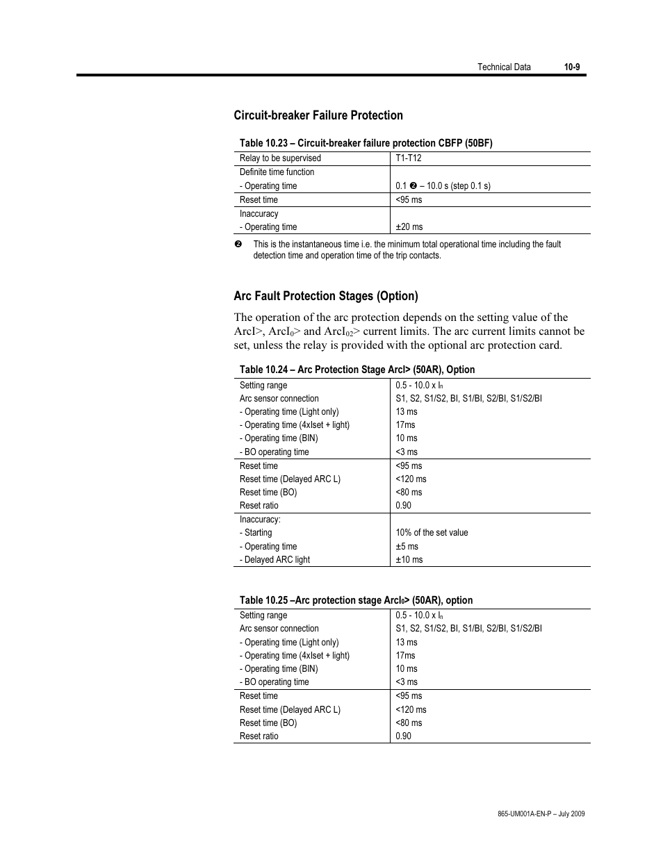 Circuit-breaker failure protection, Arc fault protection stages (option) | Rockwell Automation 865 Differential Protection Relay User Manual | Page 179 / 186