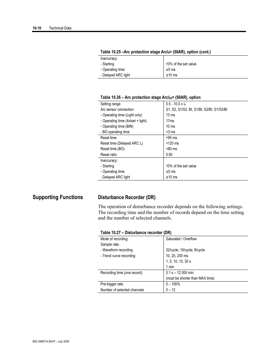 Supporting functions, Disturbance recorder (dr) | Rockwell Automation 865 Differential Protection Relay User Manual | Page 180 / 186