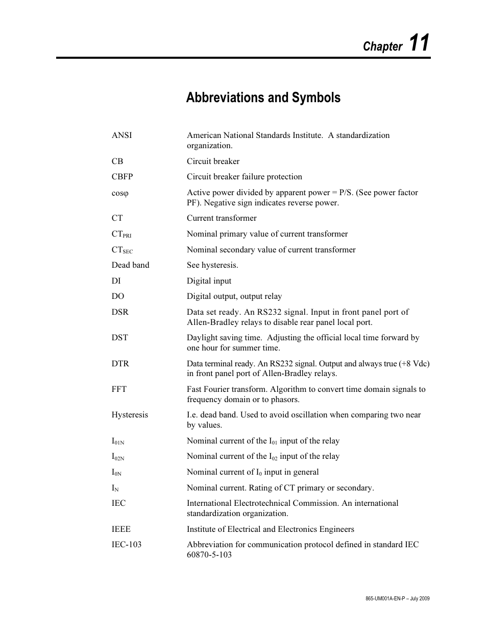 Chapter 11 – abbreviation and symbols, Abbreviations and symbols, Chapter | Rockwell Automation 865 Differential Protection Relay User Manual | Page 181 / 186