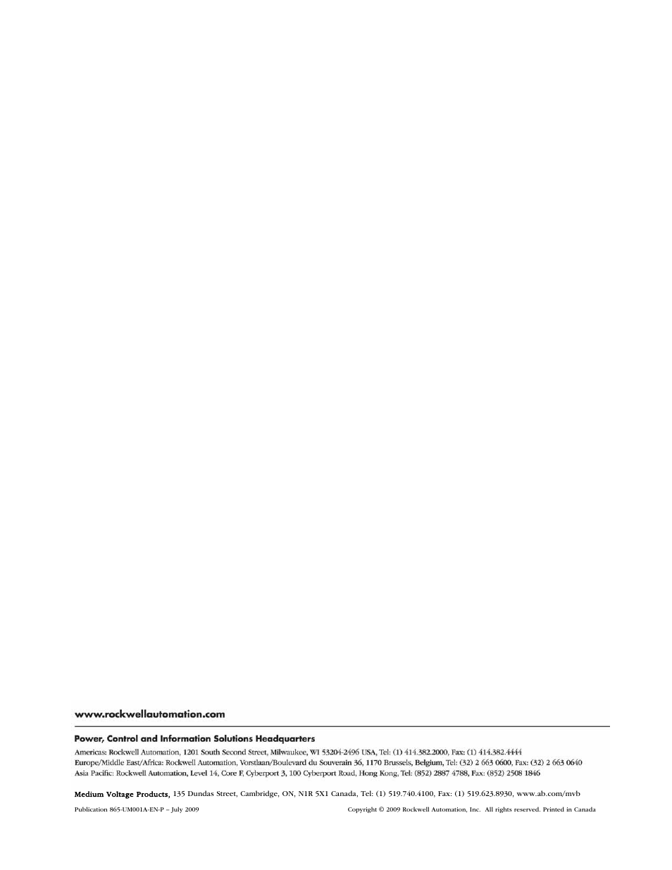 Back cover | Rockwell Automation 865 Differential Protection Relay User Manual | Page 186 / 186