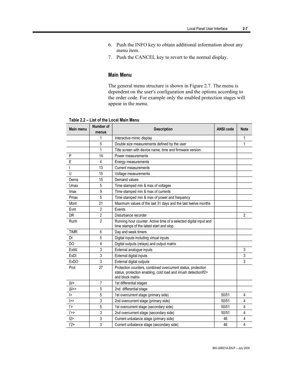 Main menu | Rockwell Automation 865 Differential Protection Relay User Manual | Page 19 / 186