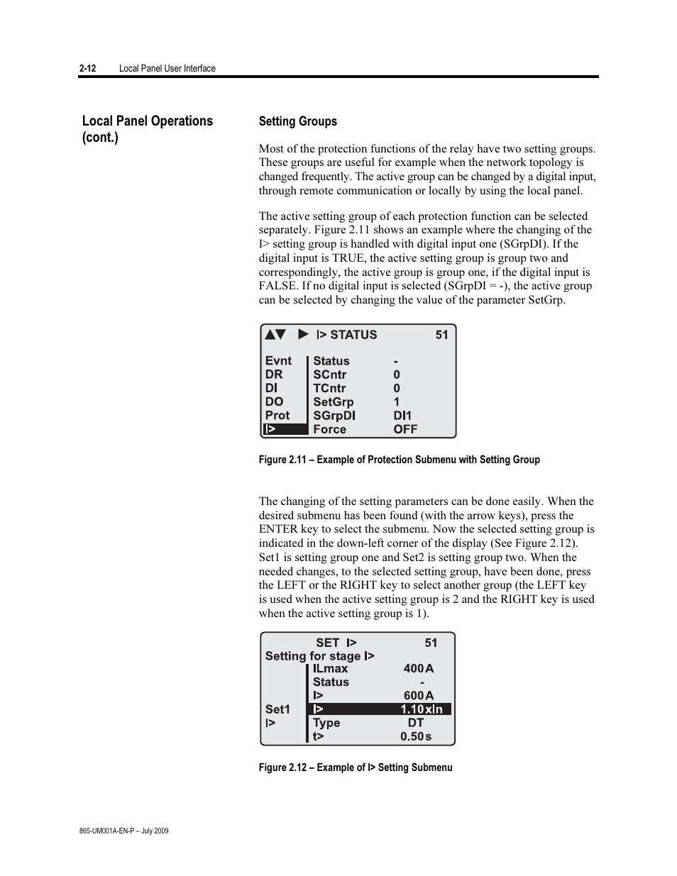 Setting groups, Local panel operations (cont.) | Rockwell Automation 865 Differential Protection Relay User Manual | Page 24 / 186