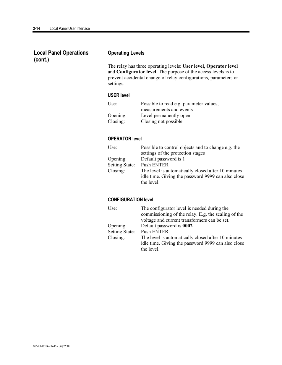 Operating levels | Rockwell Automation 865 Differential Protection Relay User Manual | Page 26 / 186
