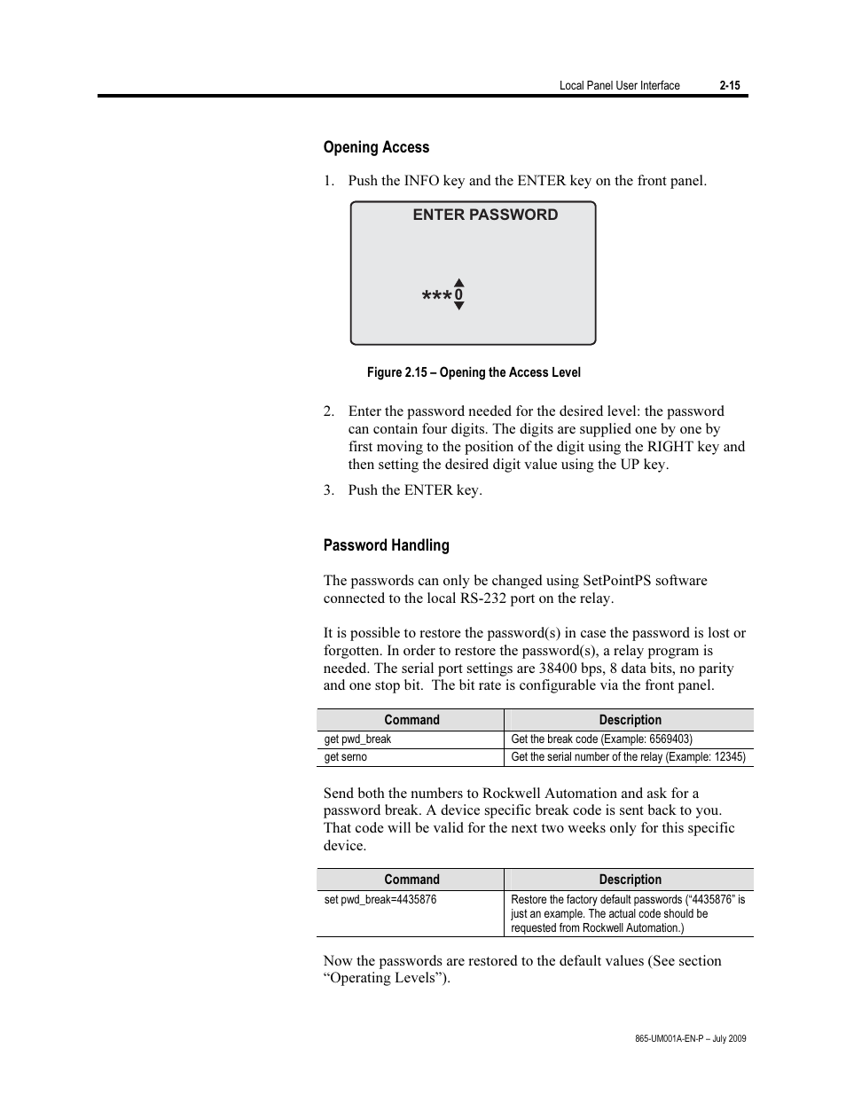 Opening access, Password handling | Rockwell Automation 865 Differential Protection Relay User Manual | Page 27 / 186