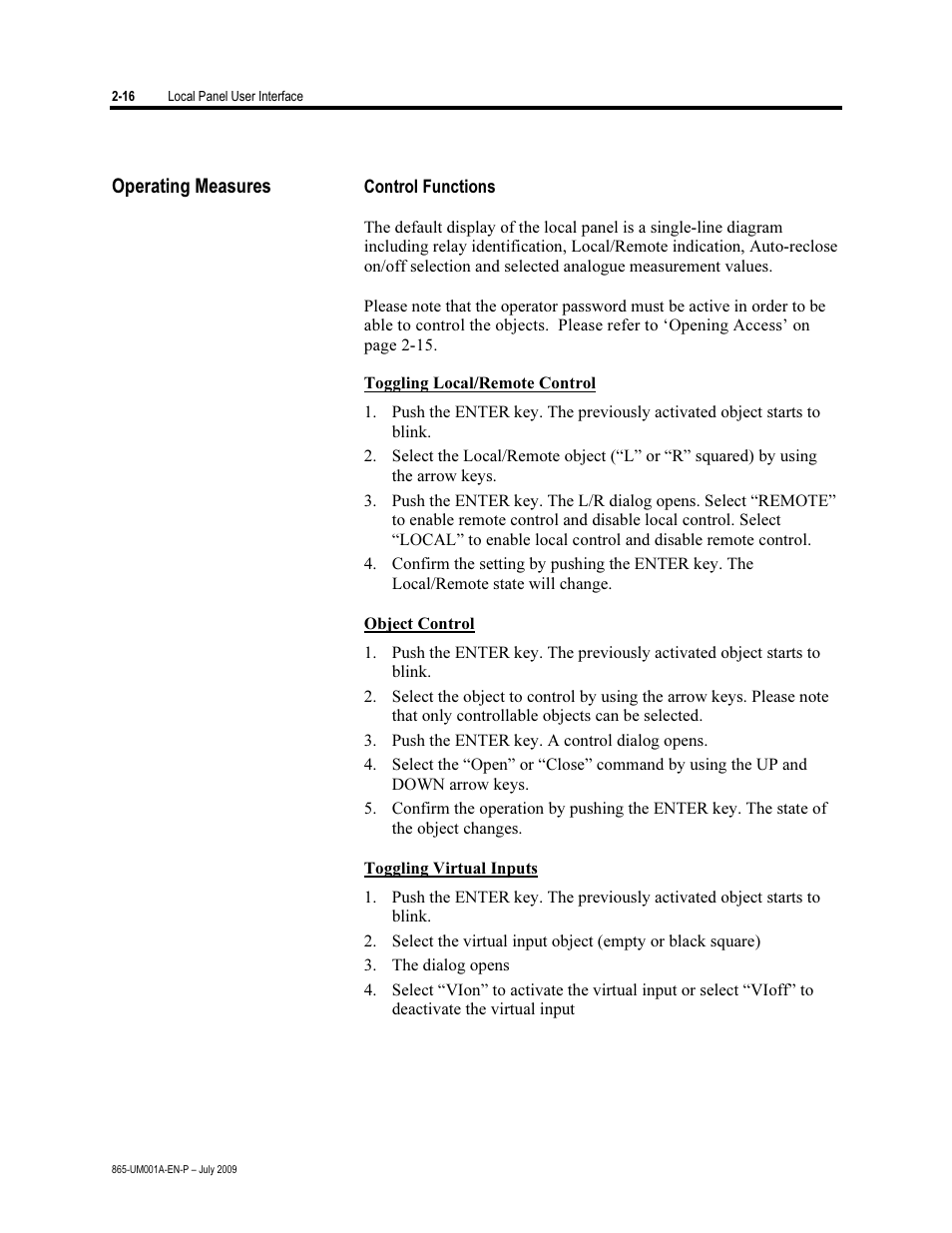 Operating measures, Control functions | Rockwell Automation 865 Differential Protection Relay User Manual | Page 28 / 186