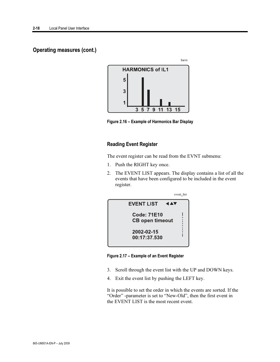 Reading event register, Operating measures (cont.) | Rockwell Automation 865 Differential Protection Relay User Manual | Page 30 / 186