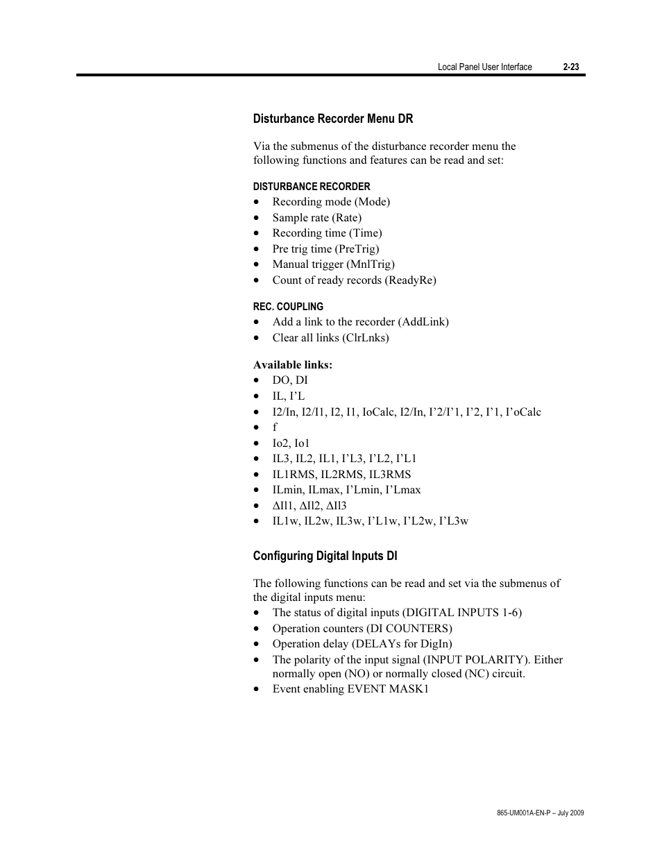 Disturbance recorder menu dr, Configuring digital inputs di | Rockwell Automation 865 Differential Protection Relay User Manual | Page 35 / 186