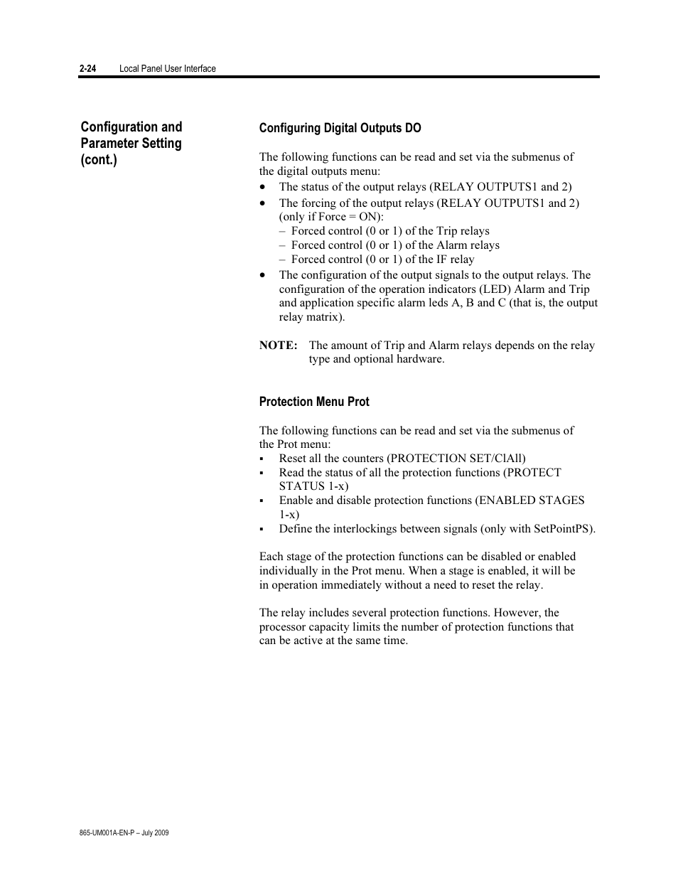 Configuring digital outputs do, Protection menu prot, Configuration and parameter setting (cont.) | Rockwell Automation 865 Differential Protection Relay User Manual | Page 36 / 186