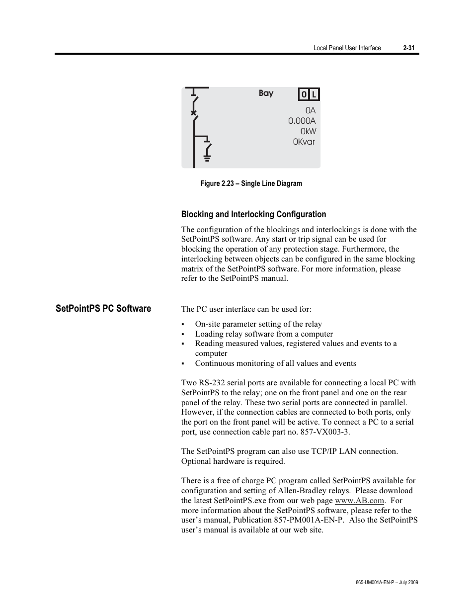 Blocking and interlocking configuration, Setpointps pc software | Rockwell Automation 865 Differential Protection Relay User Manual | Page 43 / 186