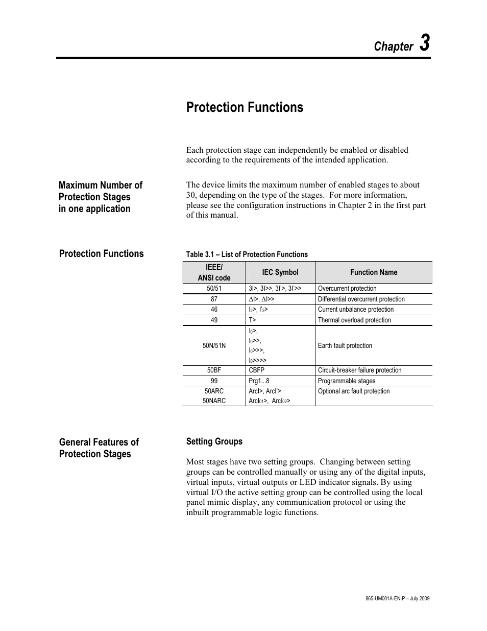 Chapter 3 – protection functions, Max. no. of protection stages in one applications, Protection functions | General features of protection stages, Setting groups, Chapter | Rockwell Automation 865 Differential Protection Relay User Manual | Page 45 / 186