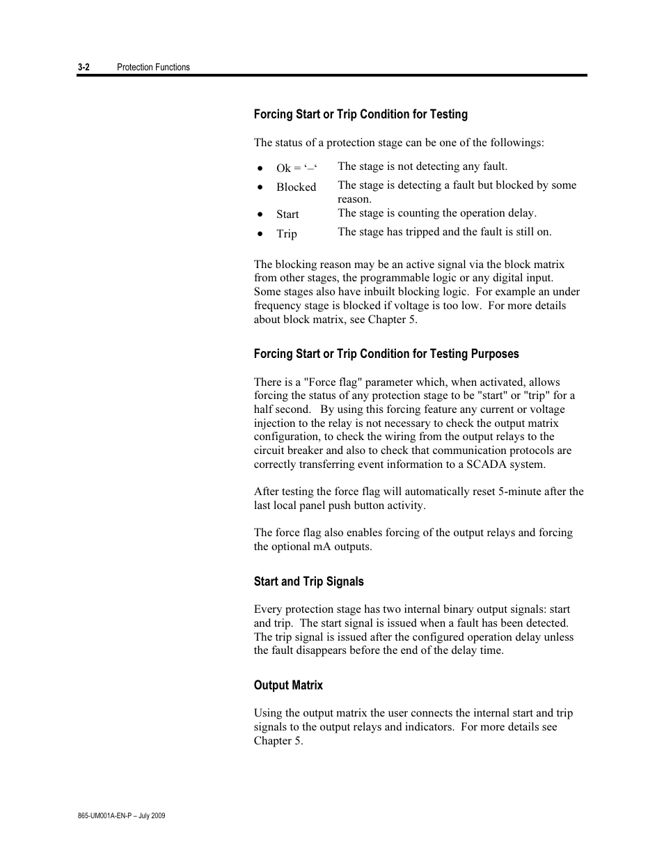 Forcing start or trip condition for testing, Start and trip signals, Output matrix | Rockwell Automation 865 Differential Protection Relay User Manual | Page 46 / 186