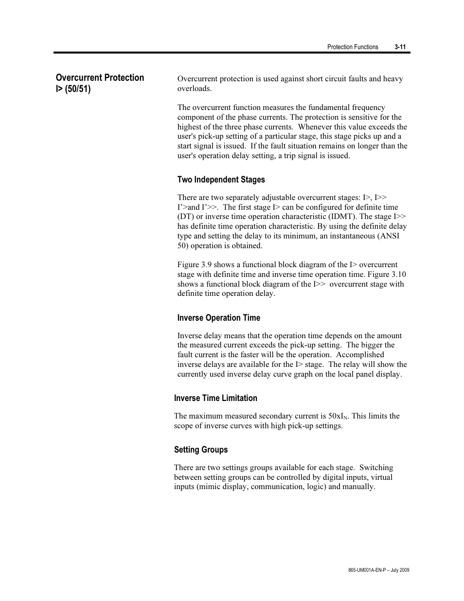 Overcurrent protection (50/51), Two independent stages, Inverse operation time | Inverse time limitation, Setting groups, Overcurrent protection i> (50/51) | Rockwell Automation 865 Differential Protection Relay User Manual | Page 55 / 186