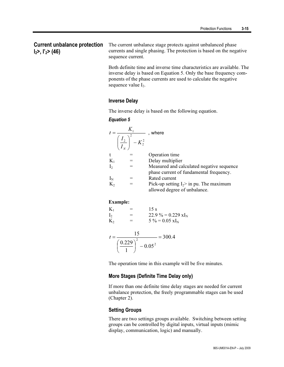 Current unbalance protection (46), Inverse delay, More stages (definite time delay only) | Setting groups, Current unbalance protection i | Rockwell Automation 865 Differential Protection Relay User Manual | Page 59 / 186